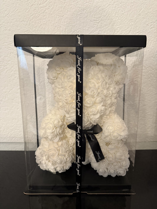 Weißer Rosen-Teddybär in edler Geschenkbox (groß)
